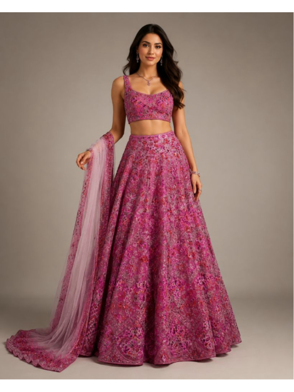 Rose Pink Net Sequins embroidered Flared Style Lehenga Choli